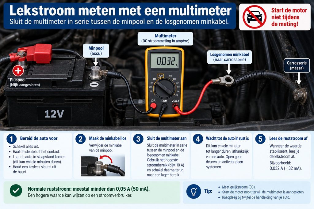 lekstroom auto meten multimeter in serie aansluiten