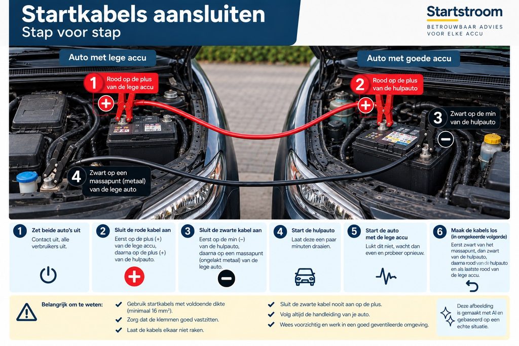 Startkabels aansluiten stap voor stap met juiste volgorde van rode en zwarte kabel